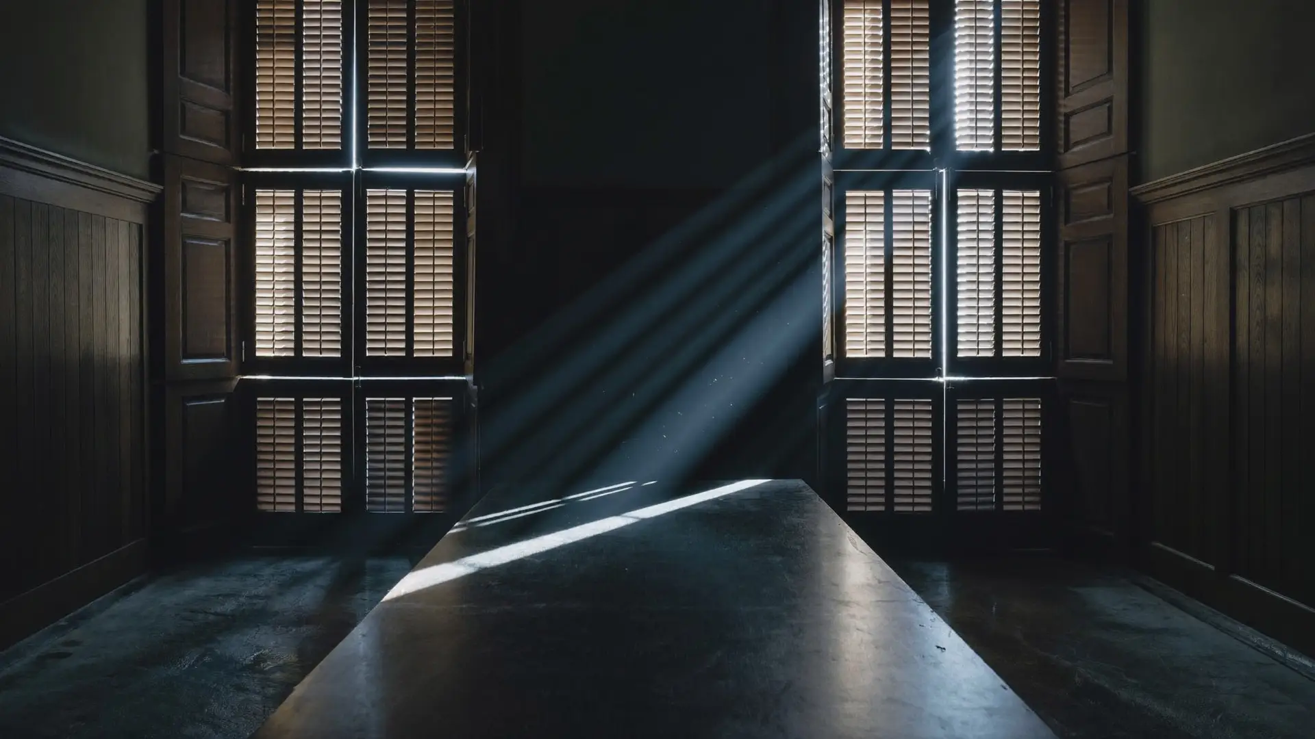 Narrow blades of daylight through closed shutters falling on an empty table in a dark panelled chamber