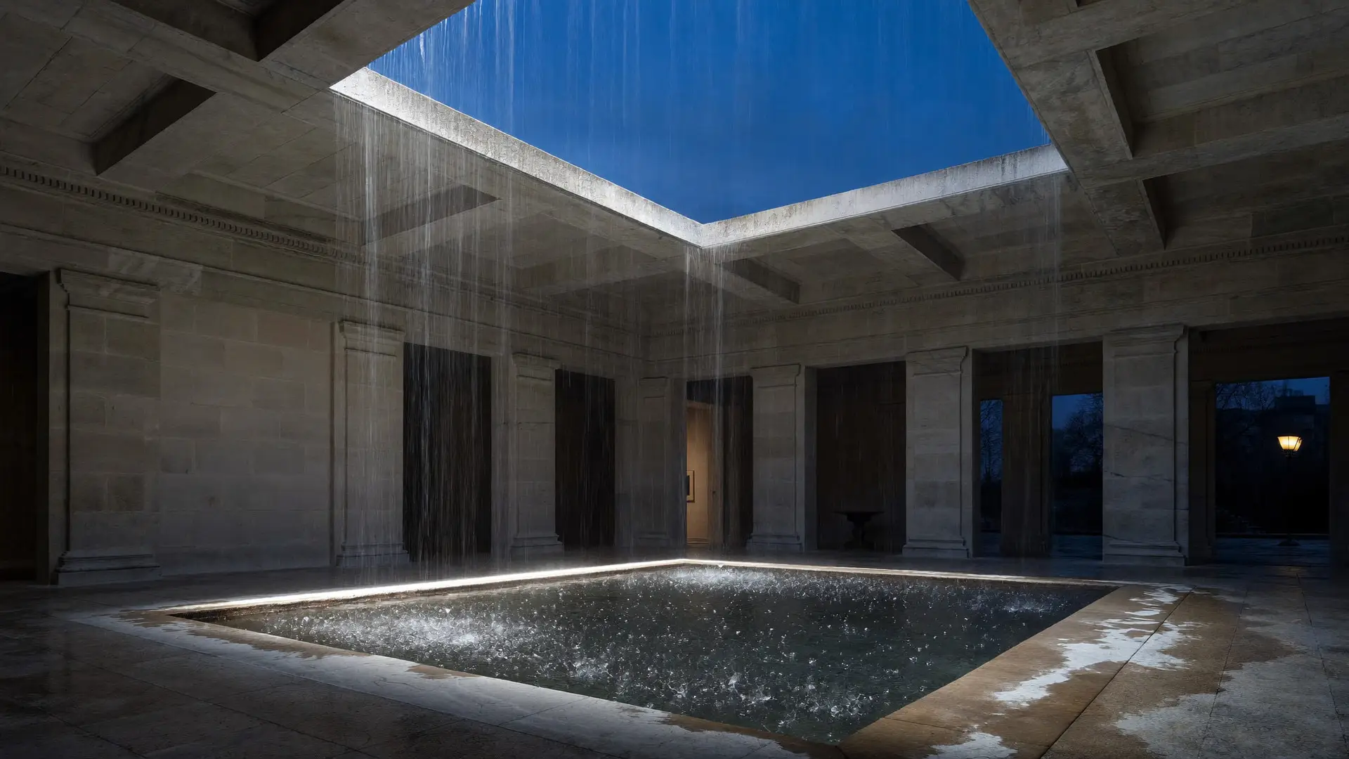 Rain falling through a rectangular roof opening into a stone basin in a classical atrium at dusk